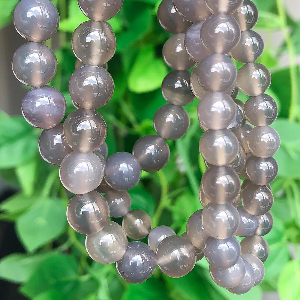 Stone Beads Smooth Round Gray Agate-Style for DIY Jewelry Making Craft Beads