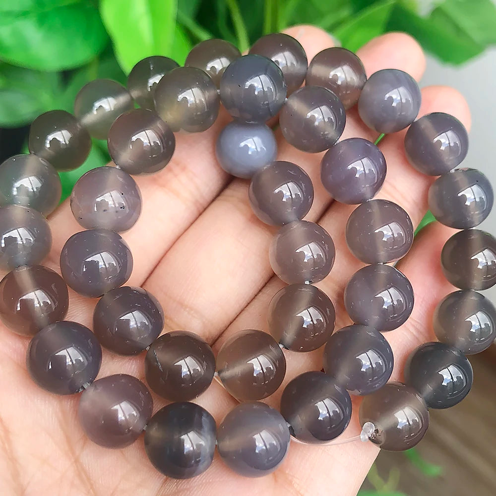 Stone Beads Smooth Round Gray Agate-Style for DIY Jewelry Making Craft Beads