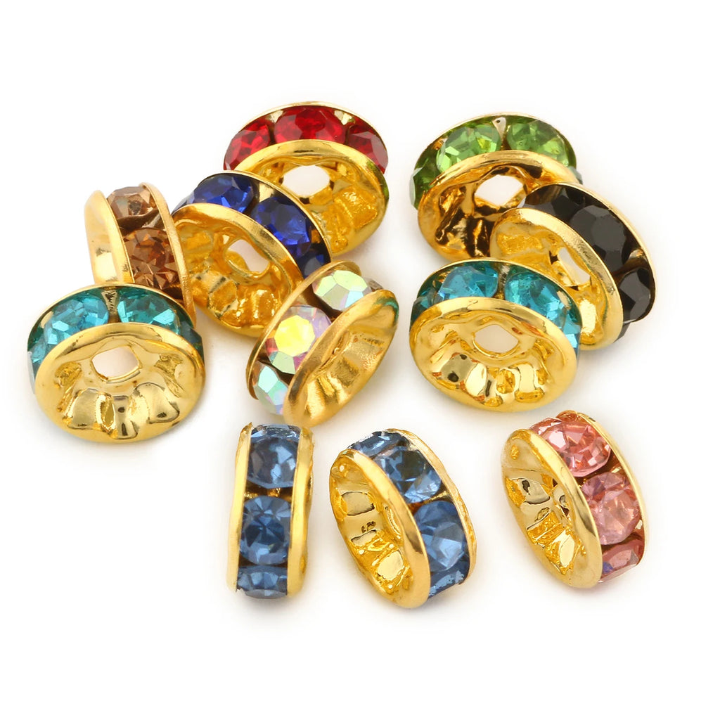 Metal Beads Gold Color Rhinestone Rondelle Spacers for DIY Jewelry Making