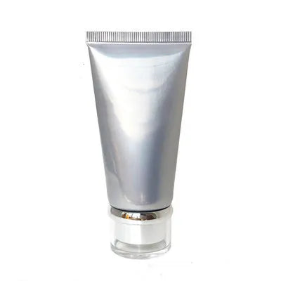 Silver squeeze tube with clear-covered dispensing closure, style 6
