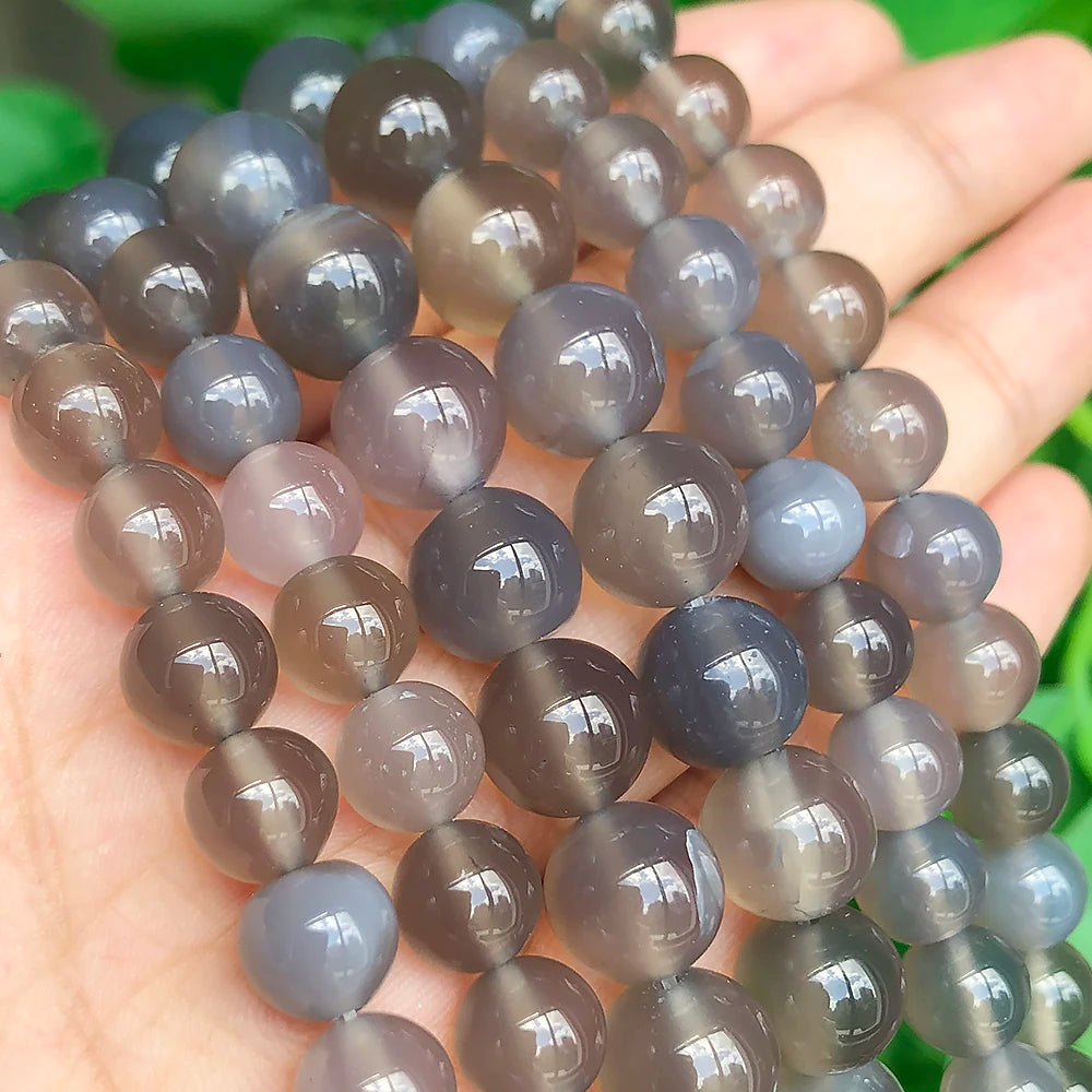 Stone Beads Smooth Round Gray Agate-Style for DIY Jewelry Making Craft Beads