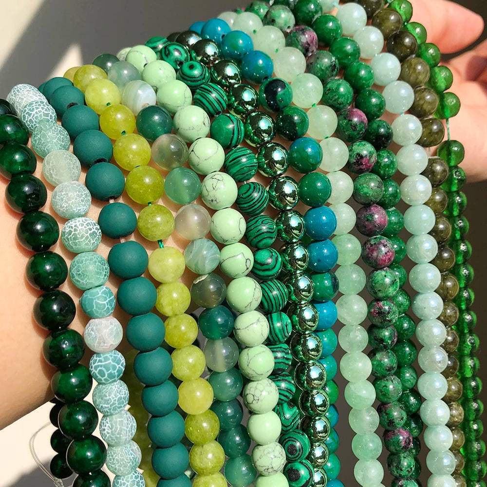 Stone Beads Round Green Agate Jasper Tiger Eye Styles for DIY Jewelry Making