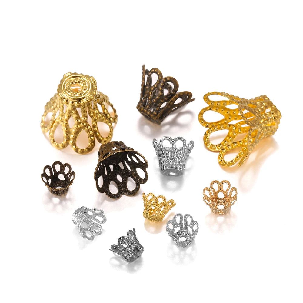 Metal Beads Gold Silve Vintage Flowers Filigree Caps Charms Bracelet Supplies