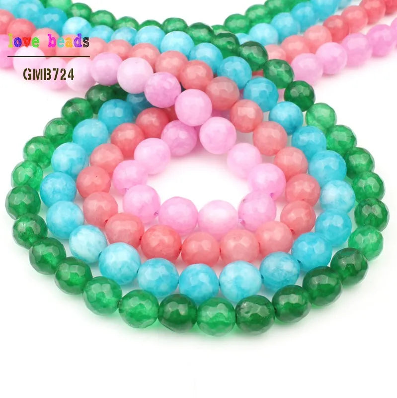Stone Beads Faceted Pink Blue Chalcedony-Style Jades-Style Agates Round