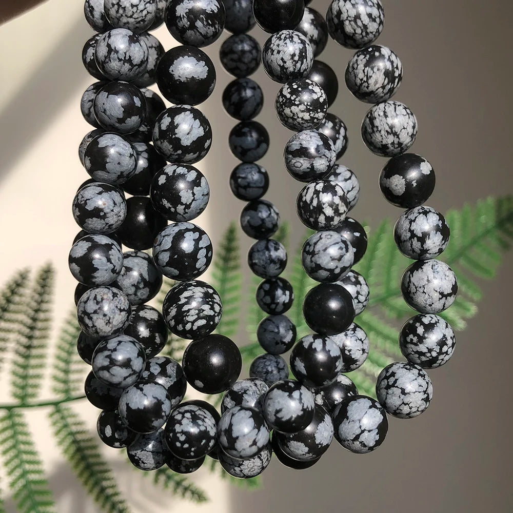 Stone Beads Round Snowflake Obsidian Alabaster Styles for DIY Jewelry Making