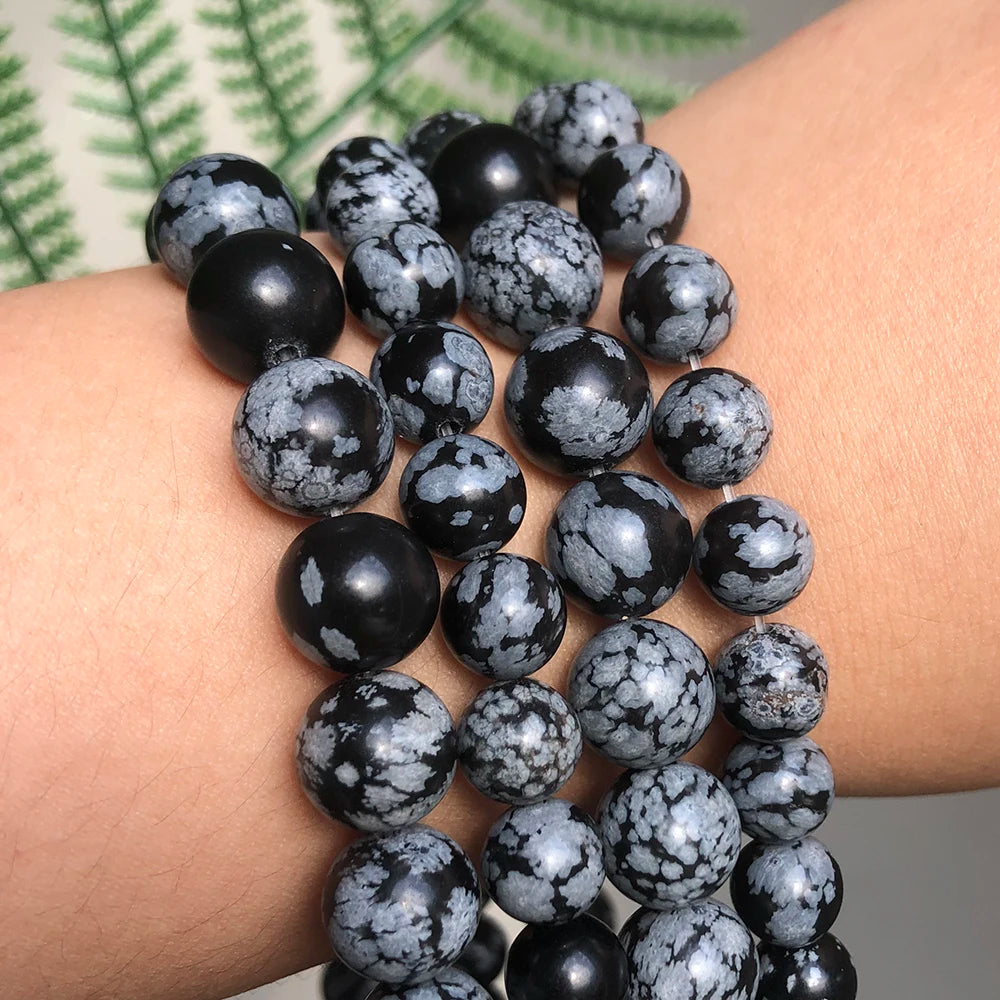 Stone Beads Round Snowflake Obsidian Alabaster Styles for DIY Jewelry Making