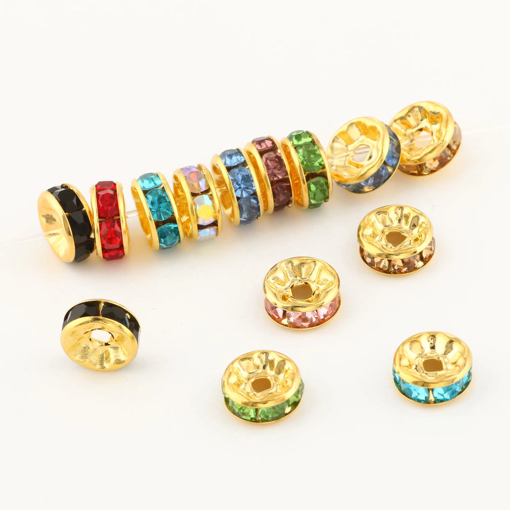 Metal Beads Gold Color Rhinestone Rondelle Spacers for DIY Jewelry Making