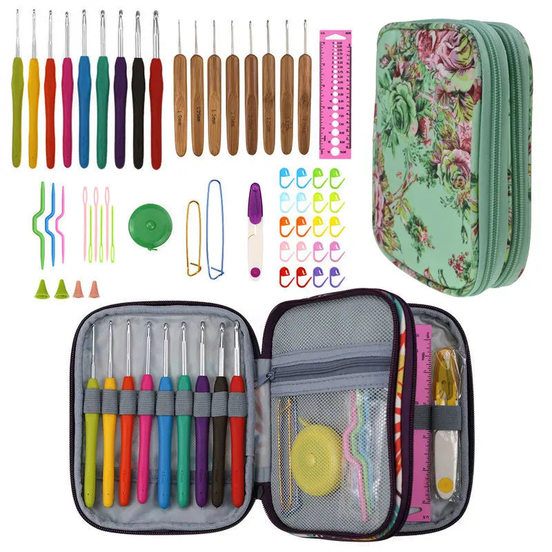 Crochet Hook Set with Animal Handles, Scissors & Craft Storage Bag