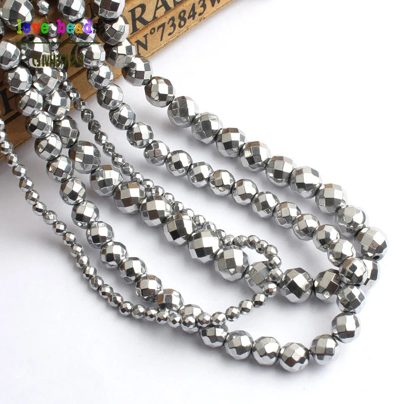 Stone Beads Silver-Plated Faceted Hematite Round Spacer for DIY Jewelry Making