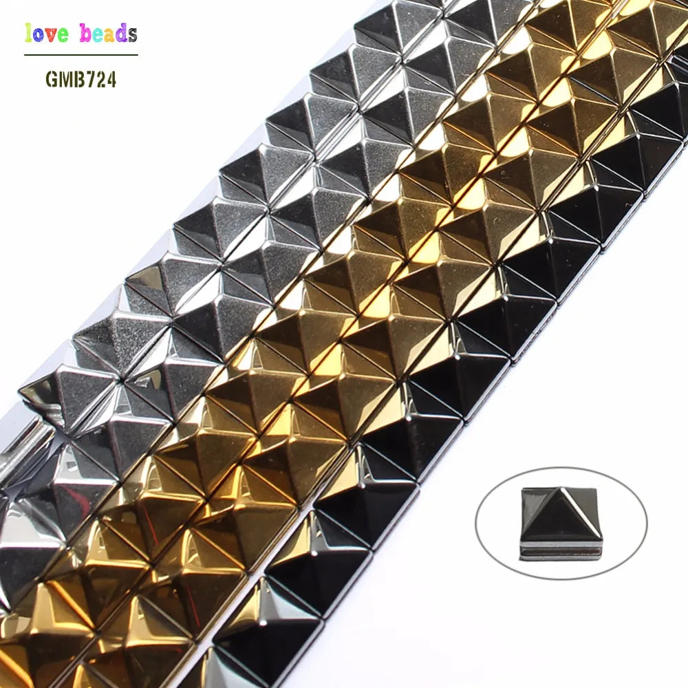 Stone Beads Smooth Gold Sivler Black Plated Hematite Pyramid Bracelet Supplies