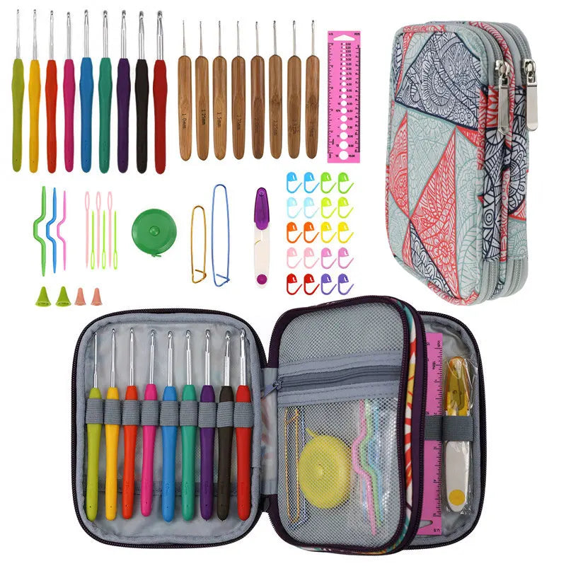 Crochet Hook Set with Animal Handles, Scissors & Craft Storage Bag
