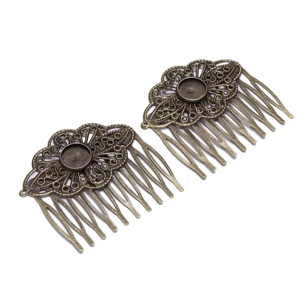 Hair Comb Blanks Bronze Metal Glass Cabochons Settings Clips DIY Jewelry Making