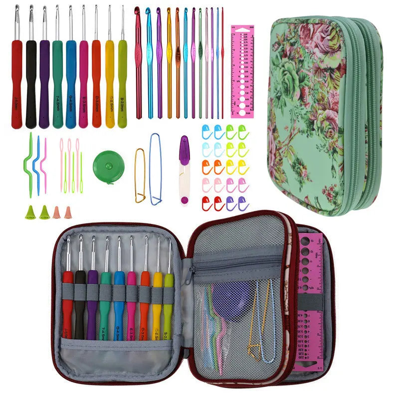 Crochet Hook Set with Animal Handles, Scissors & Craft Storage Bag