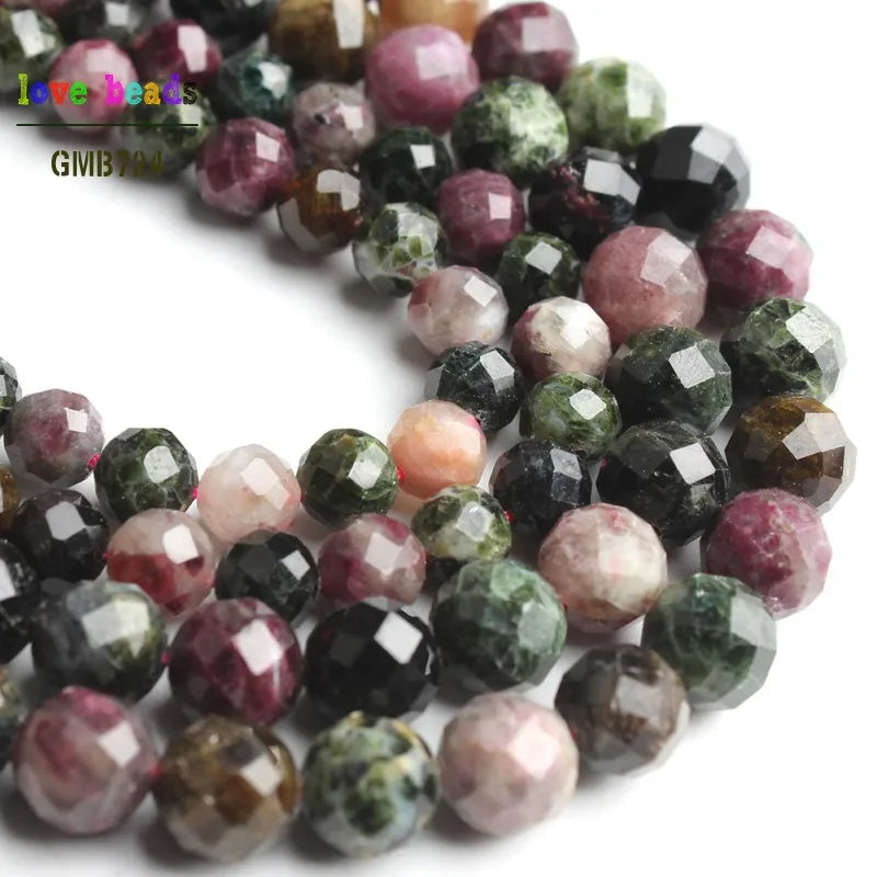 Stone Beads Faceted Round Multicolor Tourmaline-Style for DIY Jewelry Making
