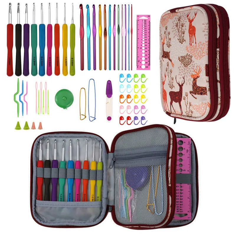 Crochet Hook Set with Animal Handles, Scissors & Craft Storage Bag