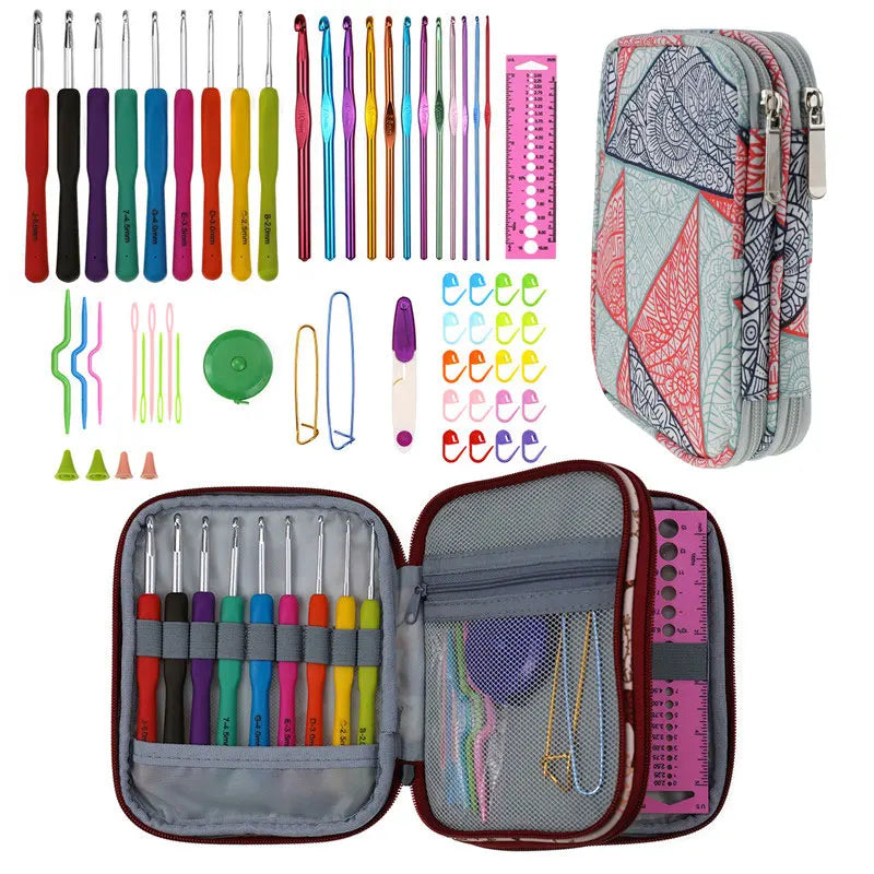 Crochet Hook Set with Animal Handles, Scissors & Craft Storage Bag