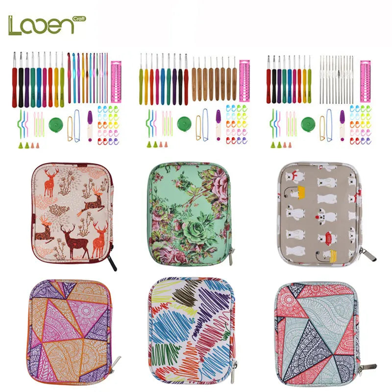 Crochet Hook Set with Animal Handles, Scissors & Craft Storage Bag