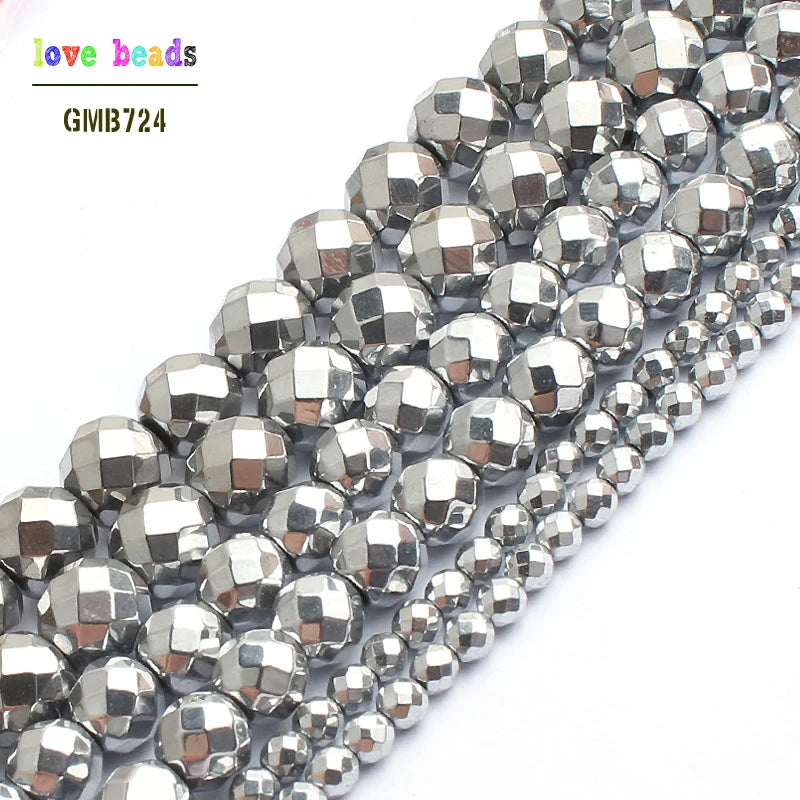 Stone Beads Silver-Plated Faceted Hematite Round Spacer for DIY Jewelry Making