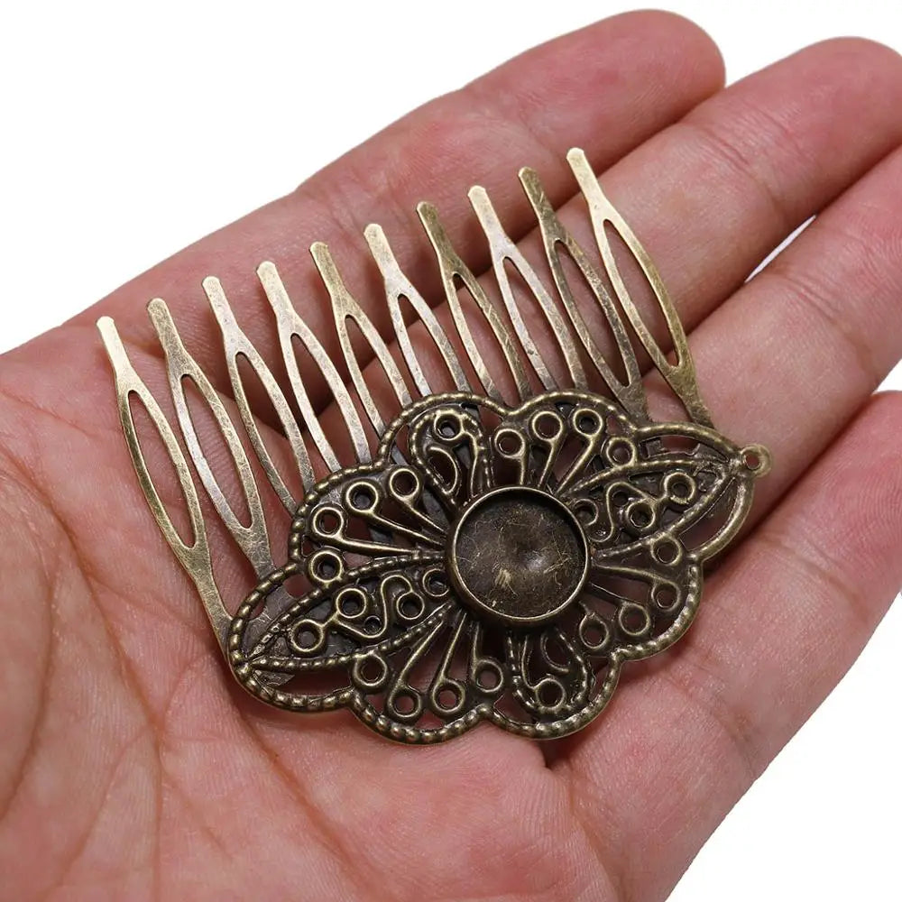 Hair Comb Blanks Bronze Metal Glass Cabochons Settings Clips DIY Jewelry Making