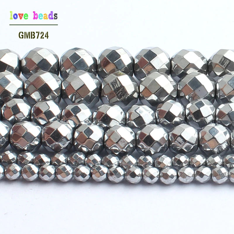 Stone Beads Silver-Plated Faceted Hematite Round Spacer for DIY Jewelry Making