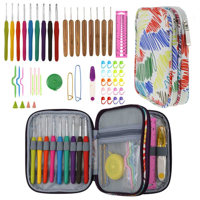 Crochet Hook Set with Animal Handles, Scissors & Craft Storage Bag