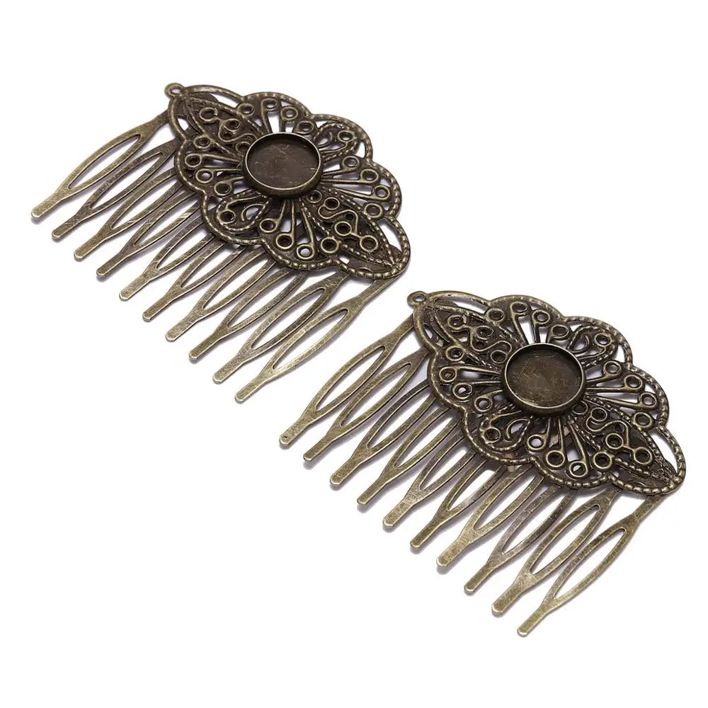 Hair Comb Blanks Bronze Metal Glass Cabochons Settings Clips DIY Jewelry Making