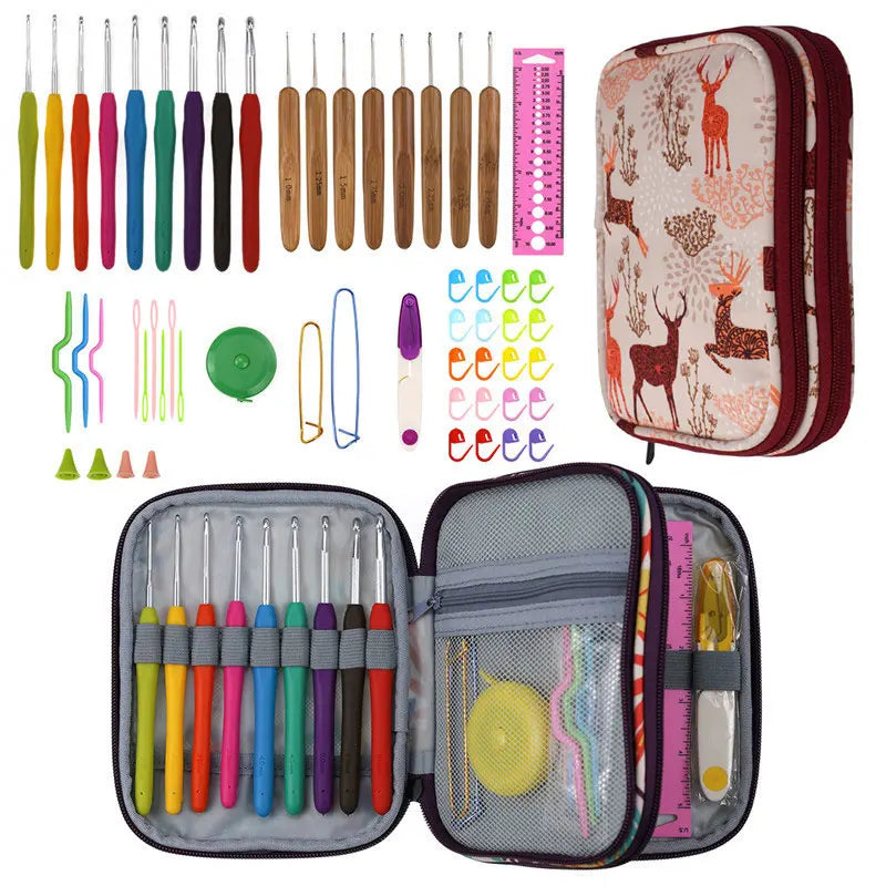 Crochet Hook Set with Animal Handles, Scissors & Craft Storage Bag