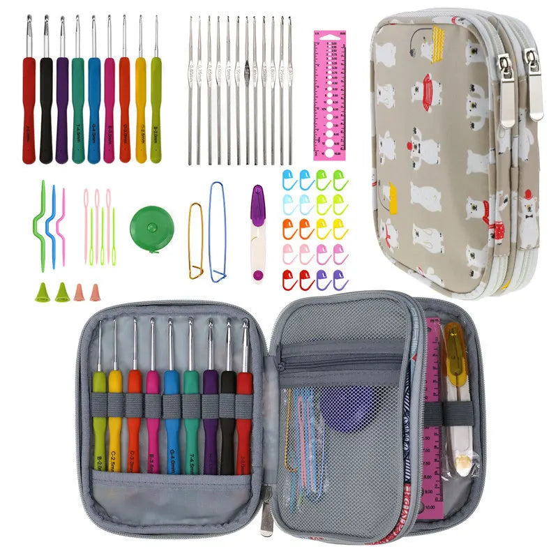 Crochet Hook Set with Animal Handles, Scissors & Craft Storage Bag