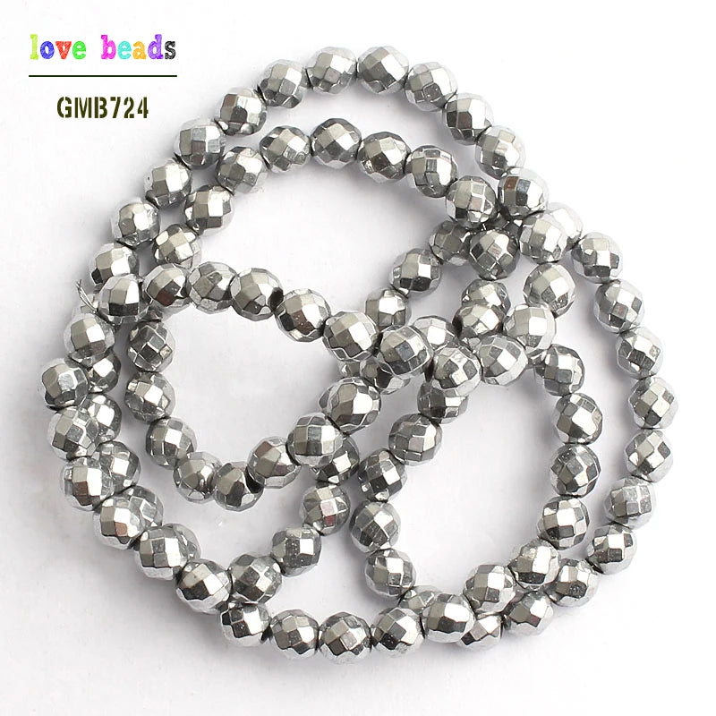 Stone Beads Silver-Plated Faceted Hematite Round Spacer for DIY Jewelry Making
