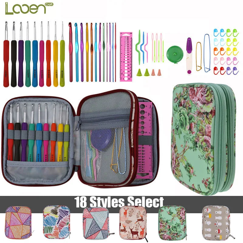 Crochet Hook Set with Animal Handles, Scissors & Craft Storage Bag