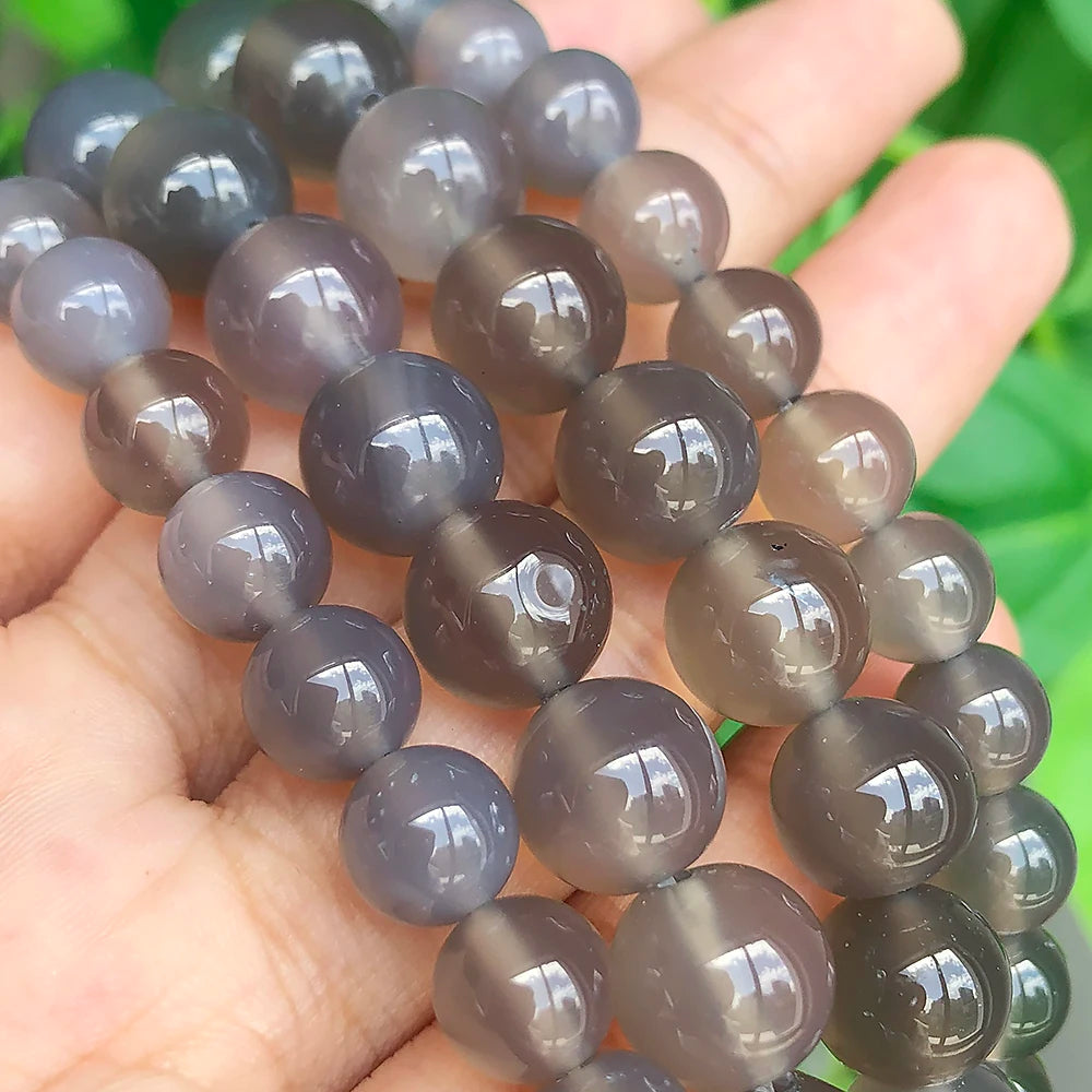 Stone Beads Smooth Round Gray Agate-Style for DIY Jewelry Making Craft Beads