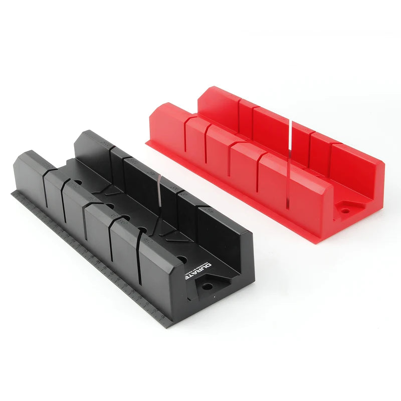 Two plastic angle guides, one black and one red, shown on a clean white background. The black guide features a visible ruler scale along its bottom edge and the brand name 'BOSCH' printed on the side.