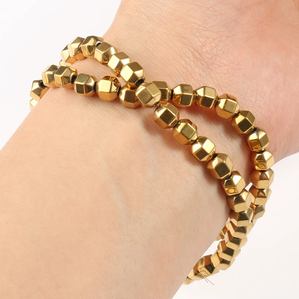 Stone Beads Gold-Tone Hematite-Style Round Cube for DIY Jewelry Making