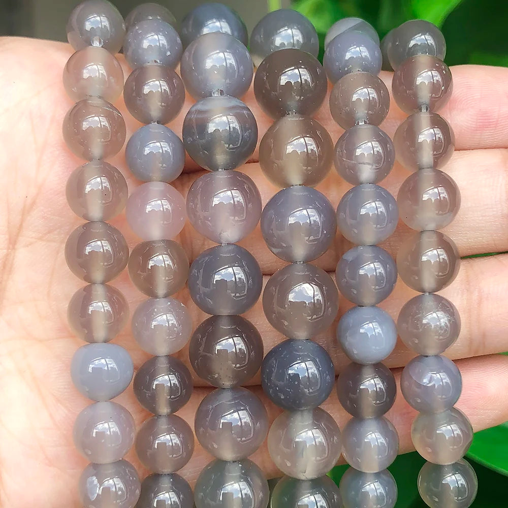 Stone Beads Smooth Round Gray Agate-Style for DIY Jewelry Making Craft Beads