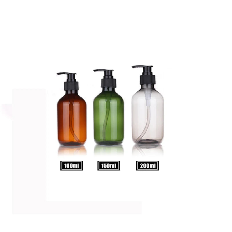 Brown, green and gray PET bottles with black lotion pumps in three sizes