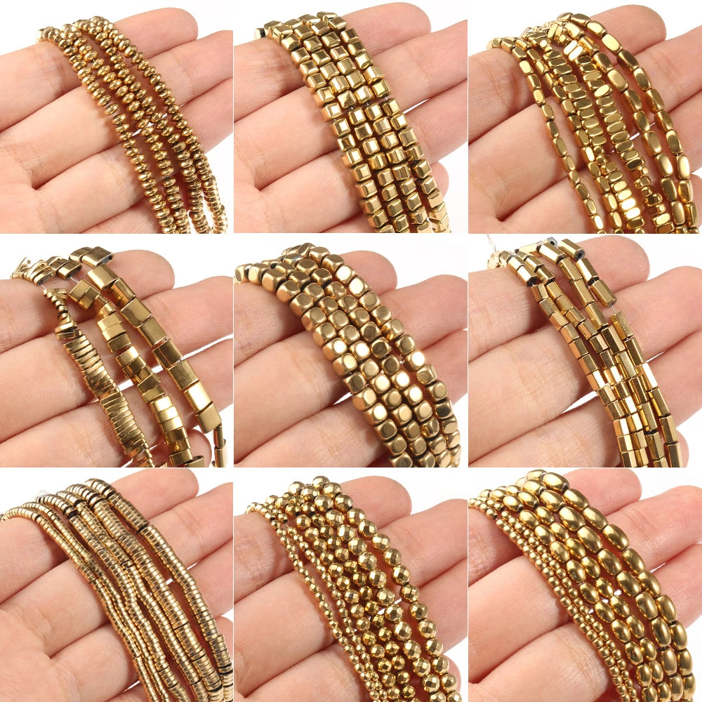 Stone Beads Gold-Tone Hematite-Style Round Cube for DIY Jewelry Making
