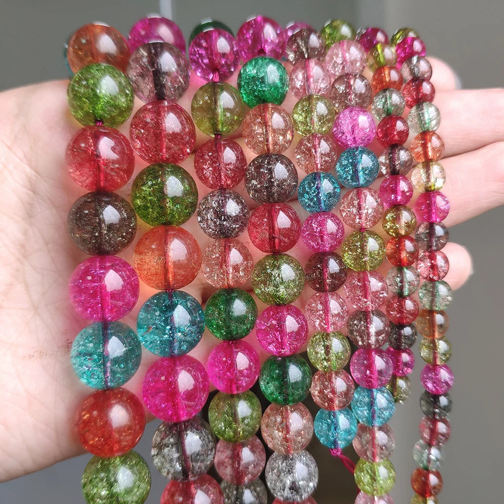 Stone Beads Round Multicolor Cracked Quartz-Style for DIY Jewelry Making