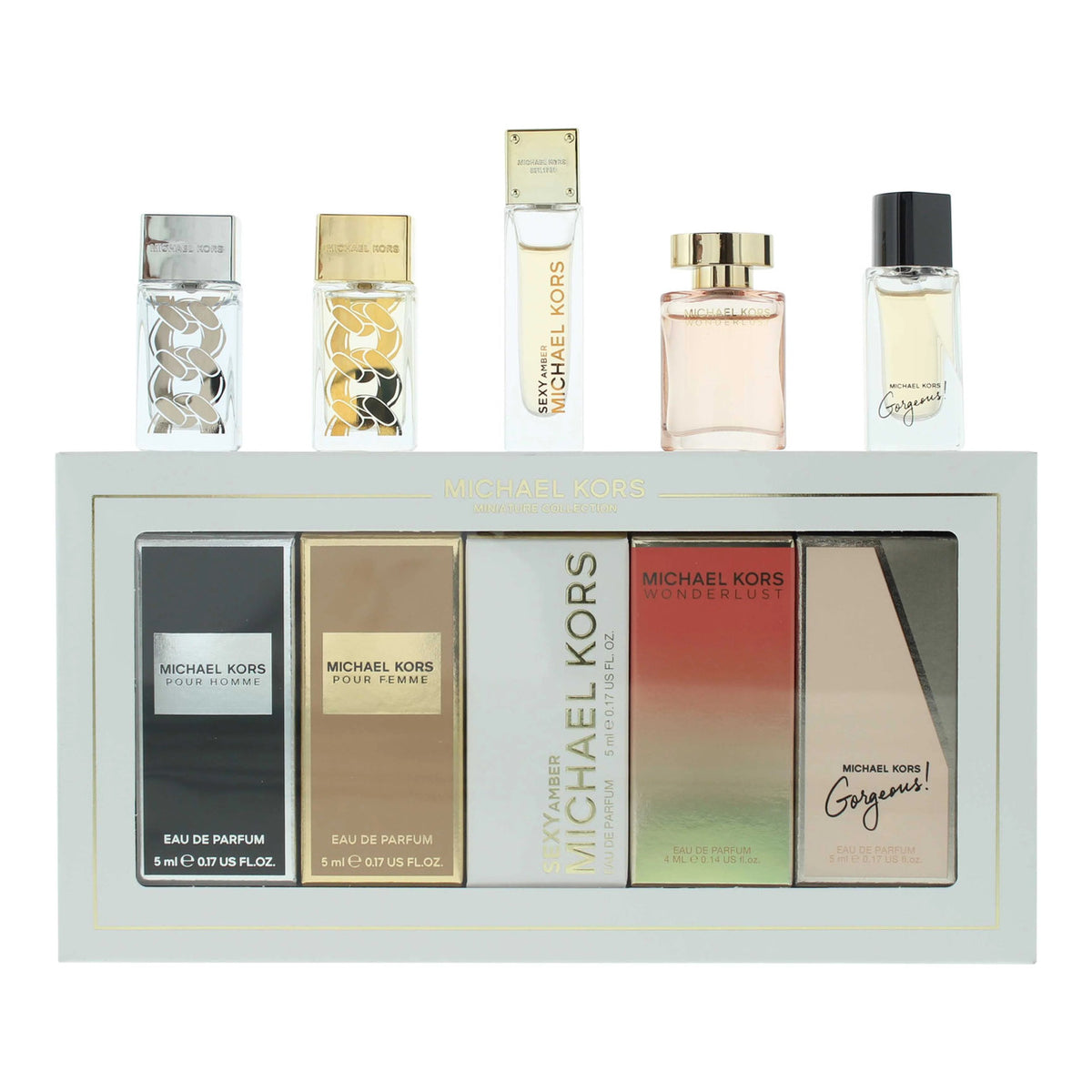 Michael Kors 5 Pcs Mini Set: Pour Femme 5 Ml Eau De Parfum + Sexy Amber 5 Ml Eau De Parfum + Wonderlust 4 Ml Eau De Parfum + Gorgeous 5 Ml Eau De Parfum + Pour Homme 5 Ml Eau De Parfum