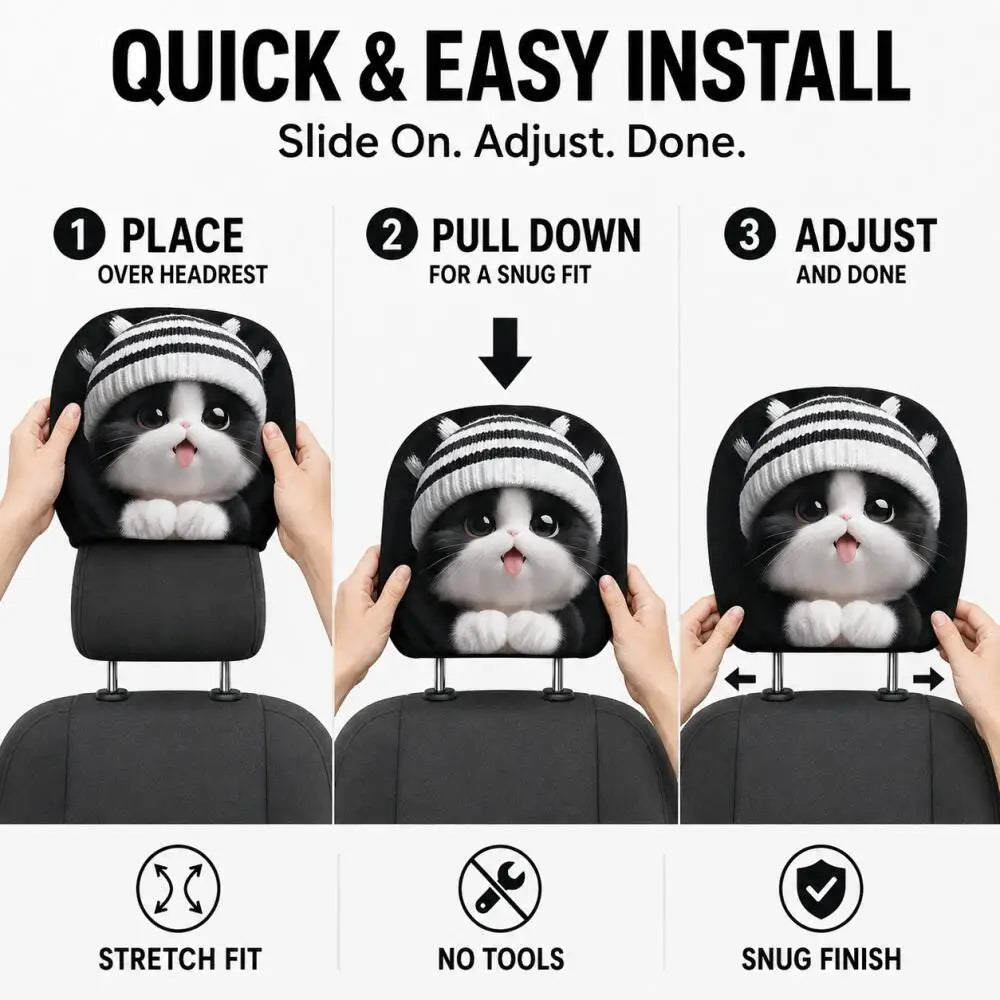 Three-panel installation guide showing a pet car seat cover with a cat face graphic being slid onto a car headrest. Text at the top reads 'QUICK & EASY INSTALL' and the panels show steps 1, 2, and 3 with hands demonstrating the fit.
