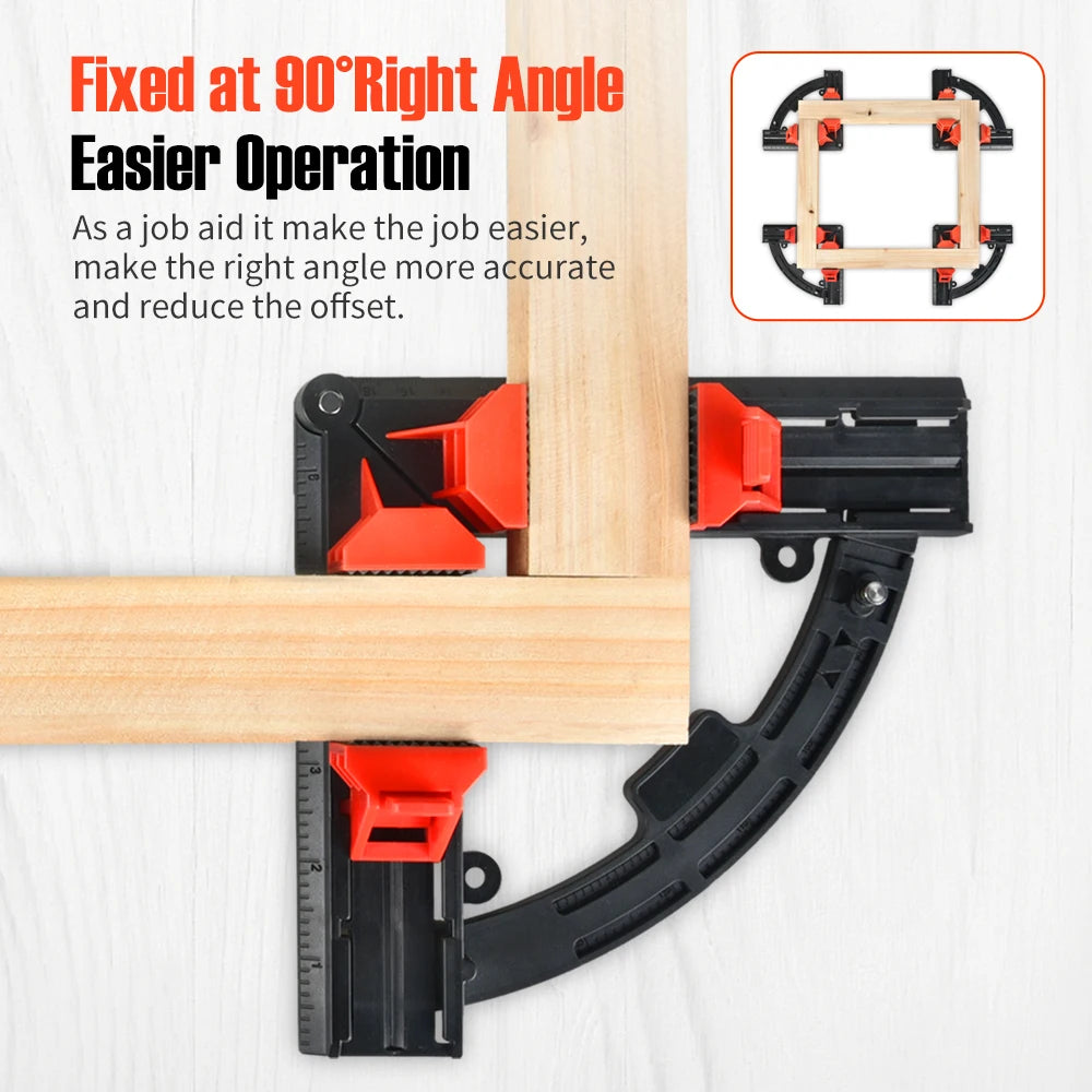 A black and red right-angle square corner tool shown clamped against a wooden board on a light wood surface, with marketing text on the left and a small inset diagram in the top right explaining its use.