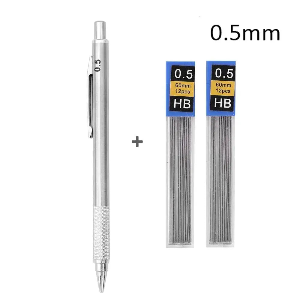 Mechanical Pencil, Metal Anti-Slip Grip, 0.3–2.0mm + Lead Refills