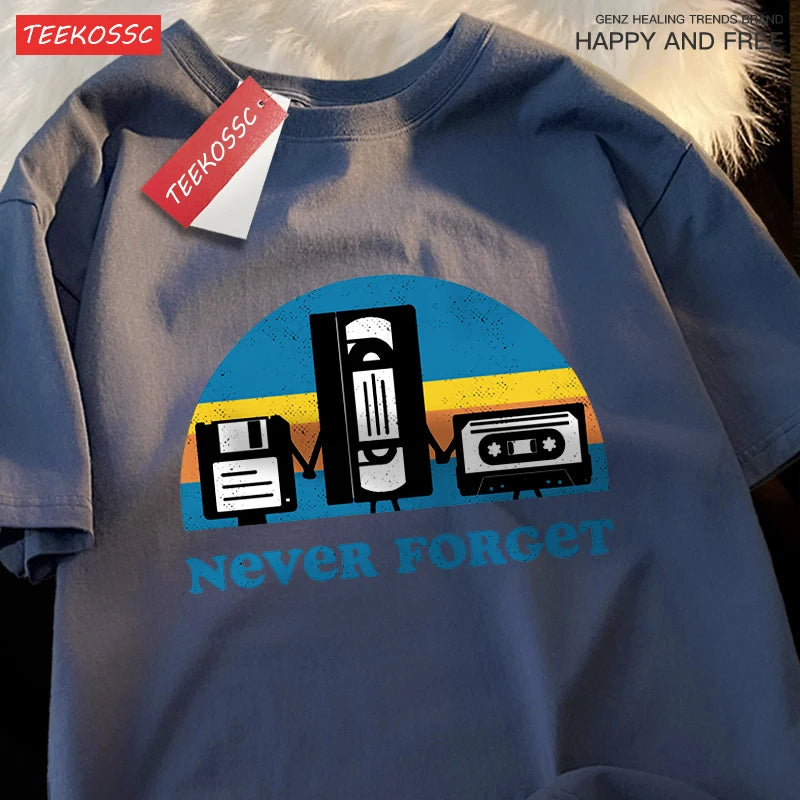 T-Shirt Unisex Never Forget Retro Tech Floppy VHS Cassette Vintage Graphic Tee