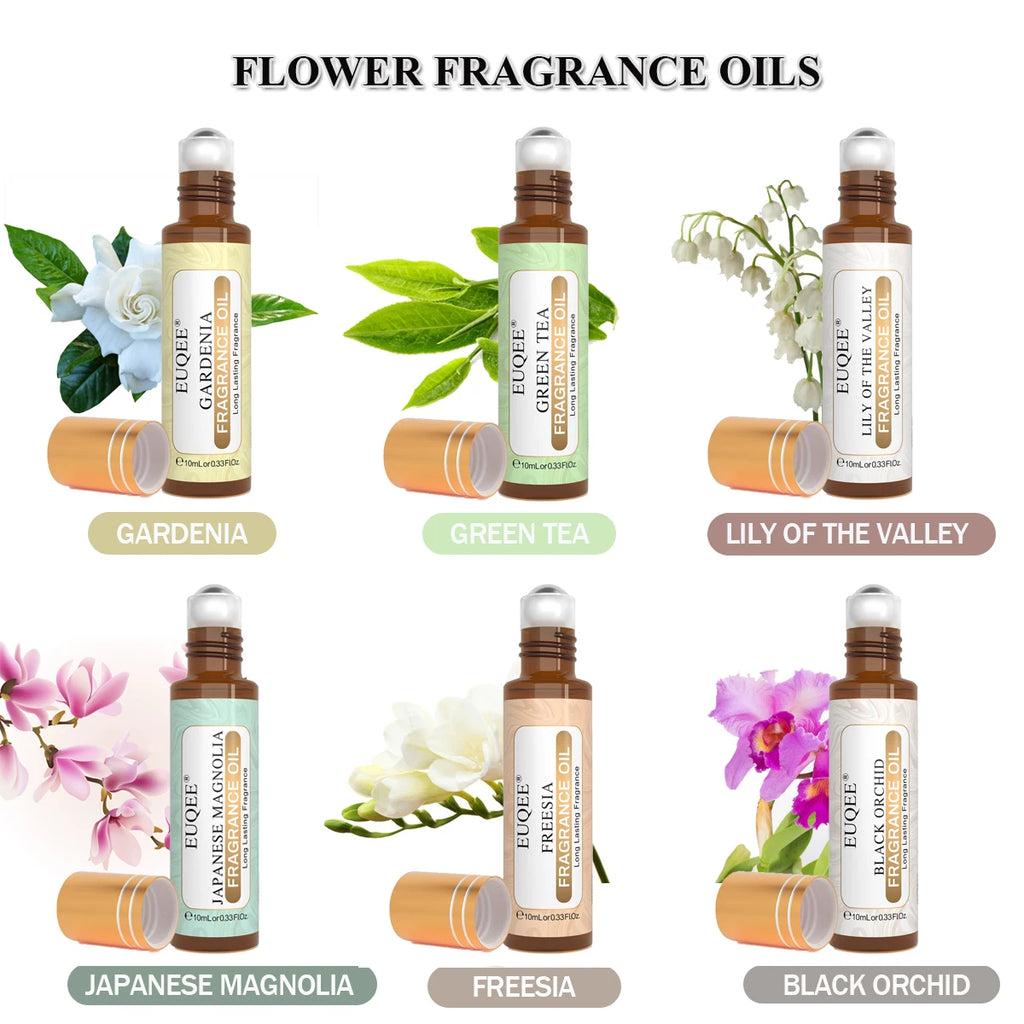 EUQEE 6PCS Flower Series Fragrance Oil Set -10ml Japanese Magnolia Black Orchid Gardenia Green Tea Freesia Lily of the valley