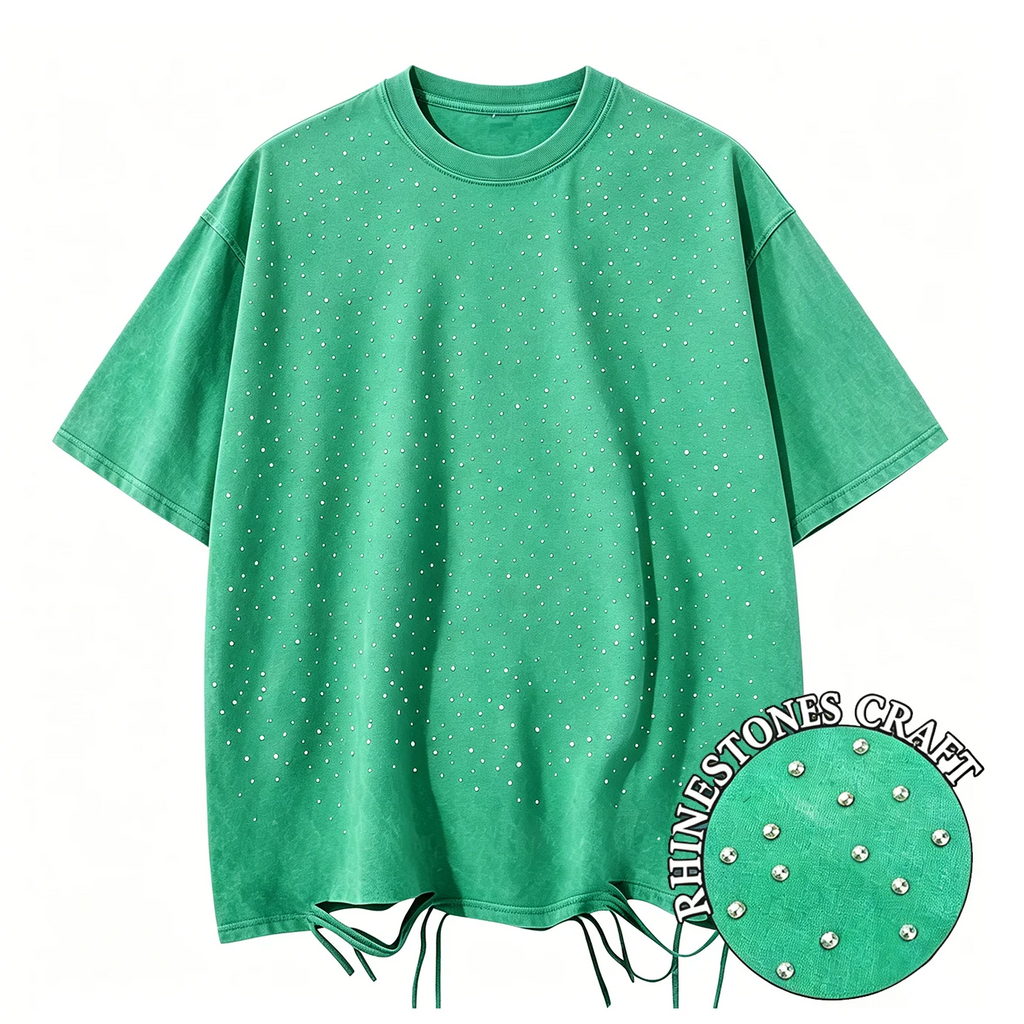 T-Shirt Unisex Rhinestone Acid Wash 100% Cotton Retro Punk Loose Hip Hop Tee