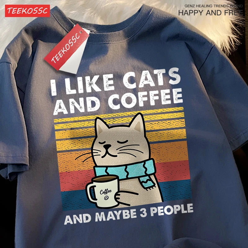 T-Shirt Unisex I Like Cats and Coffee and Maybe 3 People Funny Graphic Tee