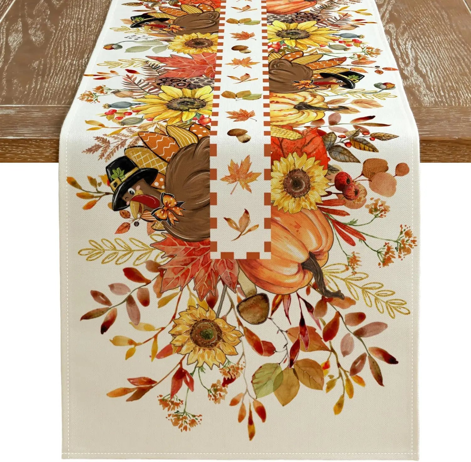 Thanksgiving Fall Turkey Pumpkin Floral Linen Table Runner for Autumn Kitchen Party Table Decor Decorations