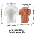 Cross-shaped religious relief mold and peach example candle diagram with separate dimensions and weights