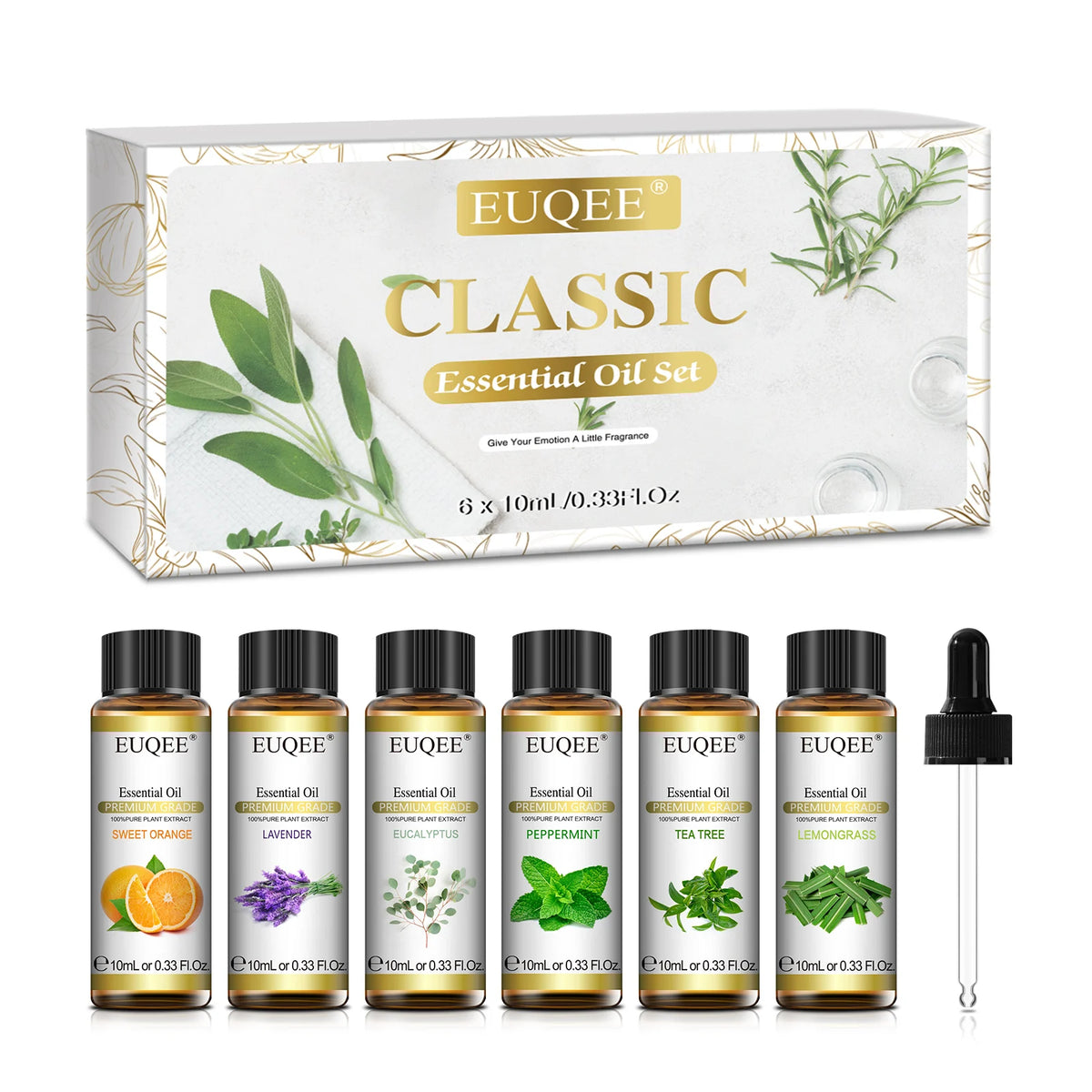 EUQEE Essential Oil Gift Set 6x10ml Floral Woody Classic Diffuser Candle