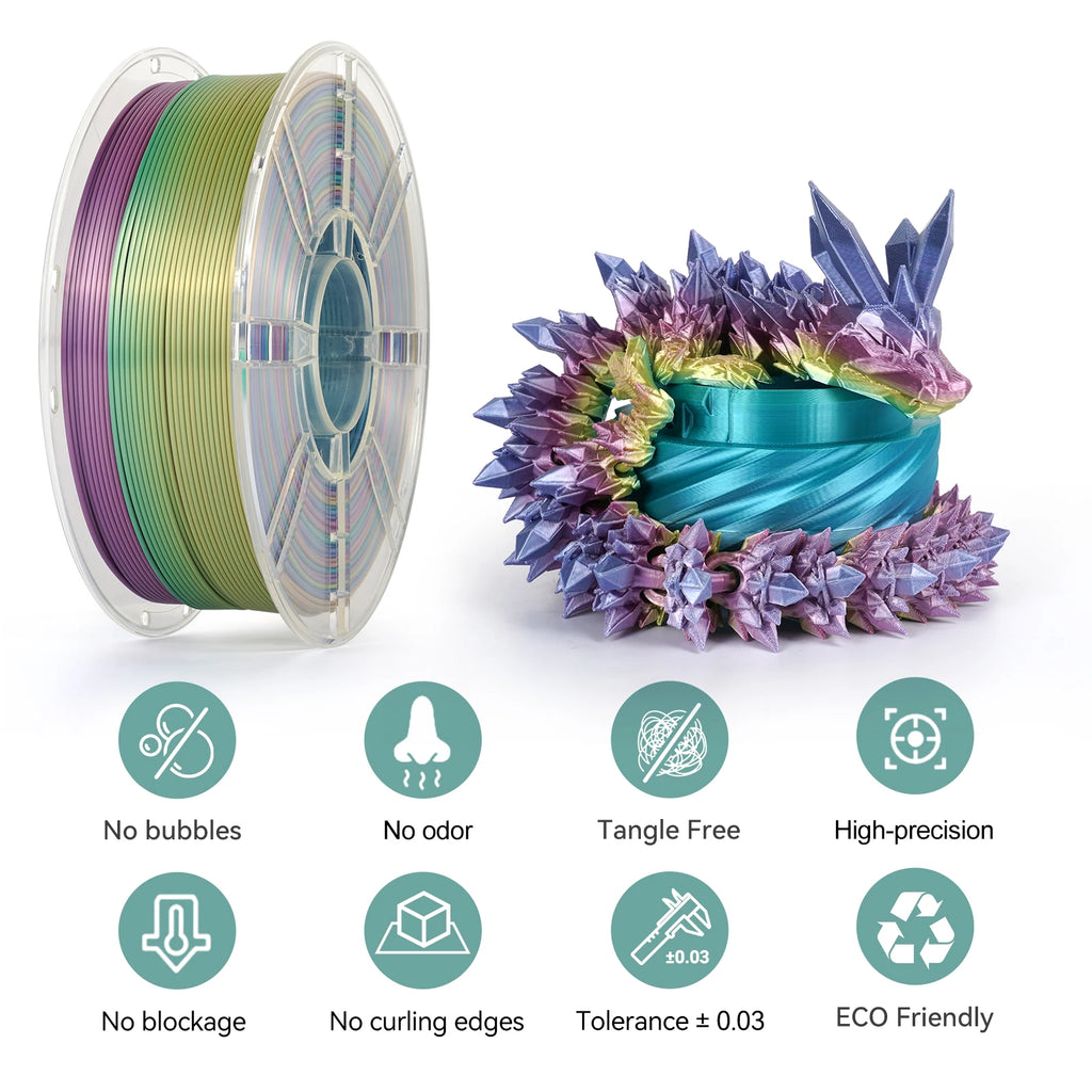 KINGROON Silk Rainbow PLA 3D Printer Filament 1.75mm Silk Candy Colors Glossy Neatly Wound 3D Filaments