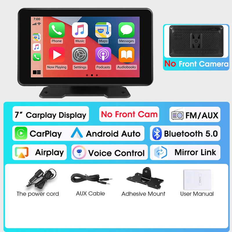 7-inch car display with CarPlay, Android Auto, and Bluetooth features, including accessories like power cord, AUX cable, adhesive mount, and user manual.  4K Dash Cam Wireless Carplay Android Auto 350° Rotating Lens Car DVR GPS